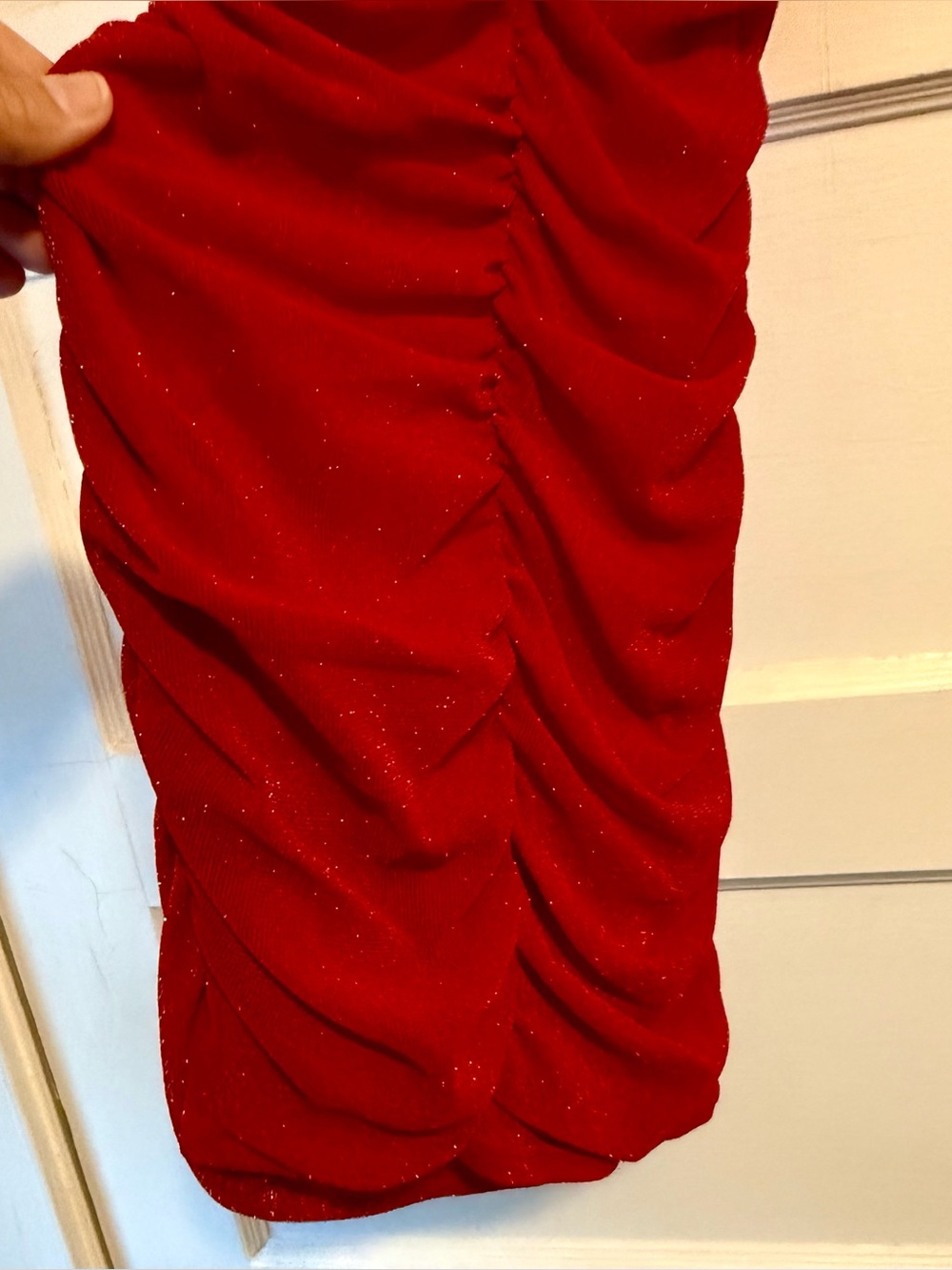 Red Ruched Bodycon Mini Dress Red Sparkle size Small - Picture 4 of 9